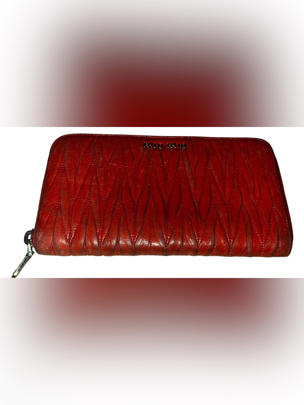 Miu Miu  Matelassé Leather Wallet Red Quilted Zip Logo Hardware SOLD AS IS